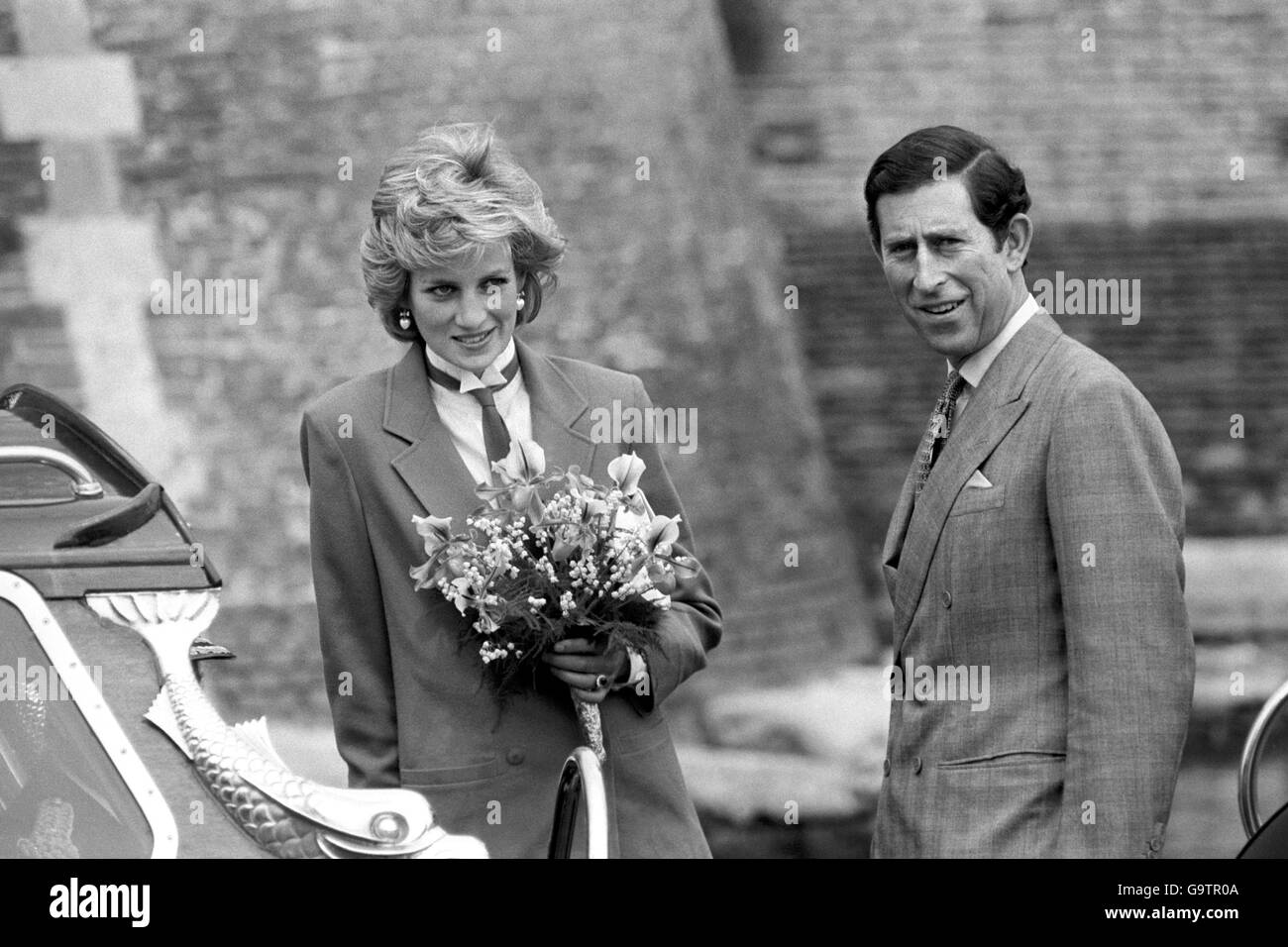 The Prince and Princess of Wales on board a boat being taken to rejoin the Royal Yacht Britannia. Stock Photo