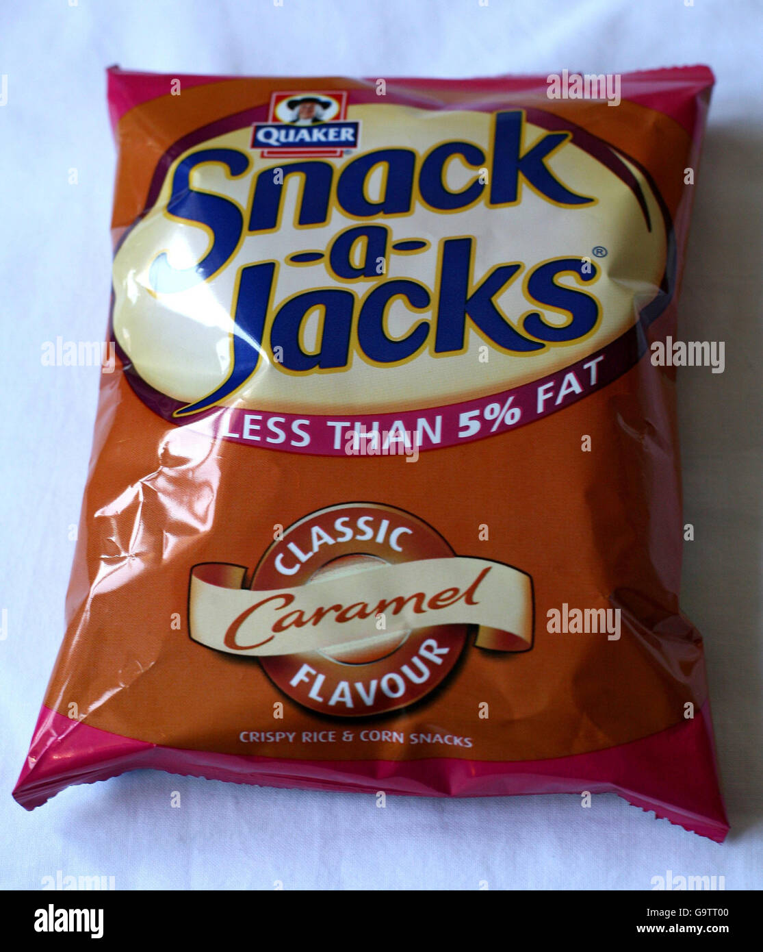 Packet of low fat Snack-a-Jacks which were found to have 28g of sugar per 100g in a new survey on sugar content in foods. Stock Photo