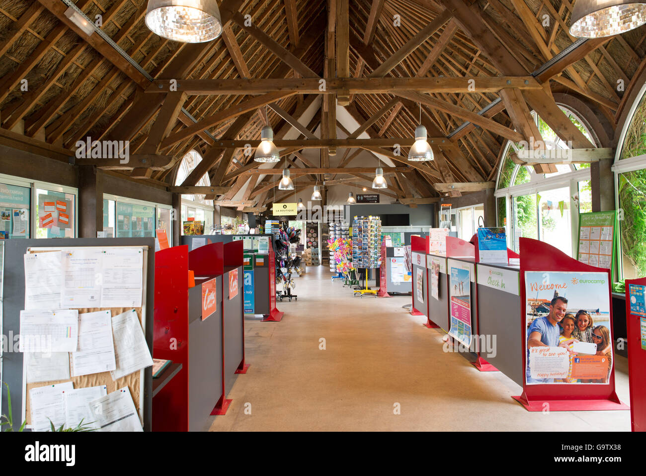 Reception area of Domaine Des Ormes campsite in Brittany, France Stock Photo
