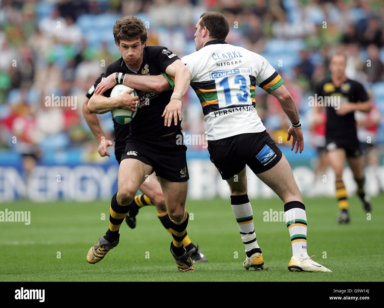 London Wasps' Dominic Waldouck is tackled by Northampton's Jon Clarke (right) during the Heineken Cup semi-final match at the Ricoh Arena, Coventry. Stock Photo