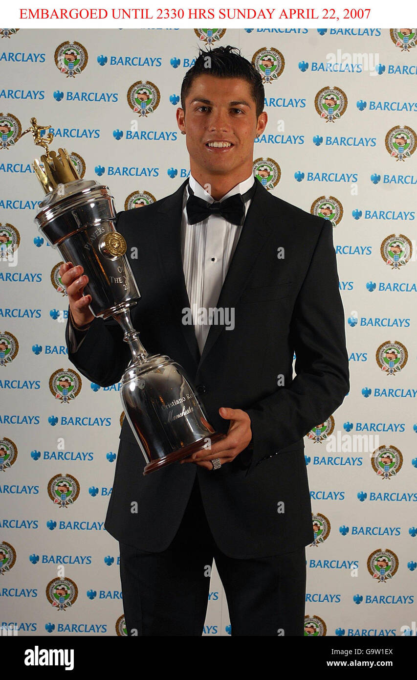 Manchester United's Cristiano Ronaldo with his PFA Player of the Year award at the Grosvenor House Hotel, London. Stock Photo