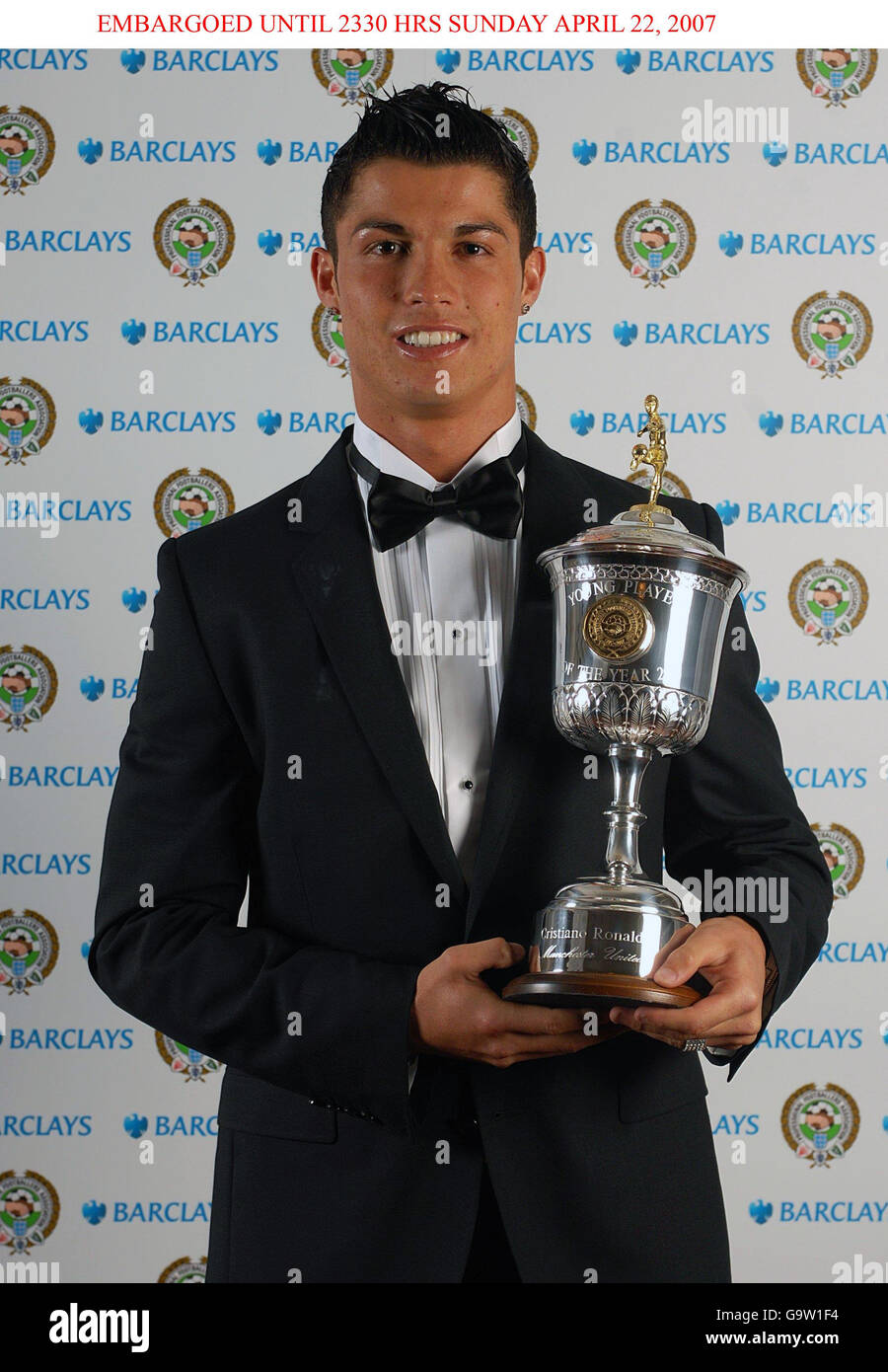 Manchester United's Cristiano Ronaldo with his PFA Young Player of the Year award at the Grosvenor House Hotel, London. Stock Photo