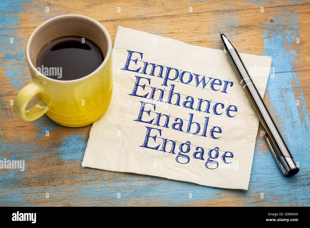 motivational leadership, coaching or business concept - empower, enhance, enable and engage  words on a napkin Stock Photo