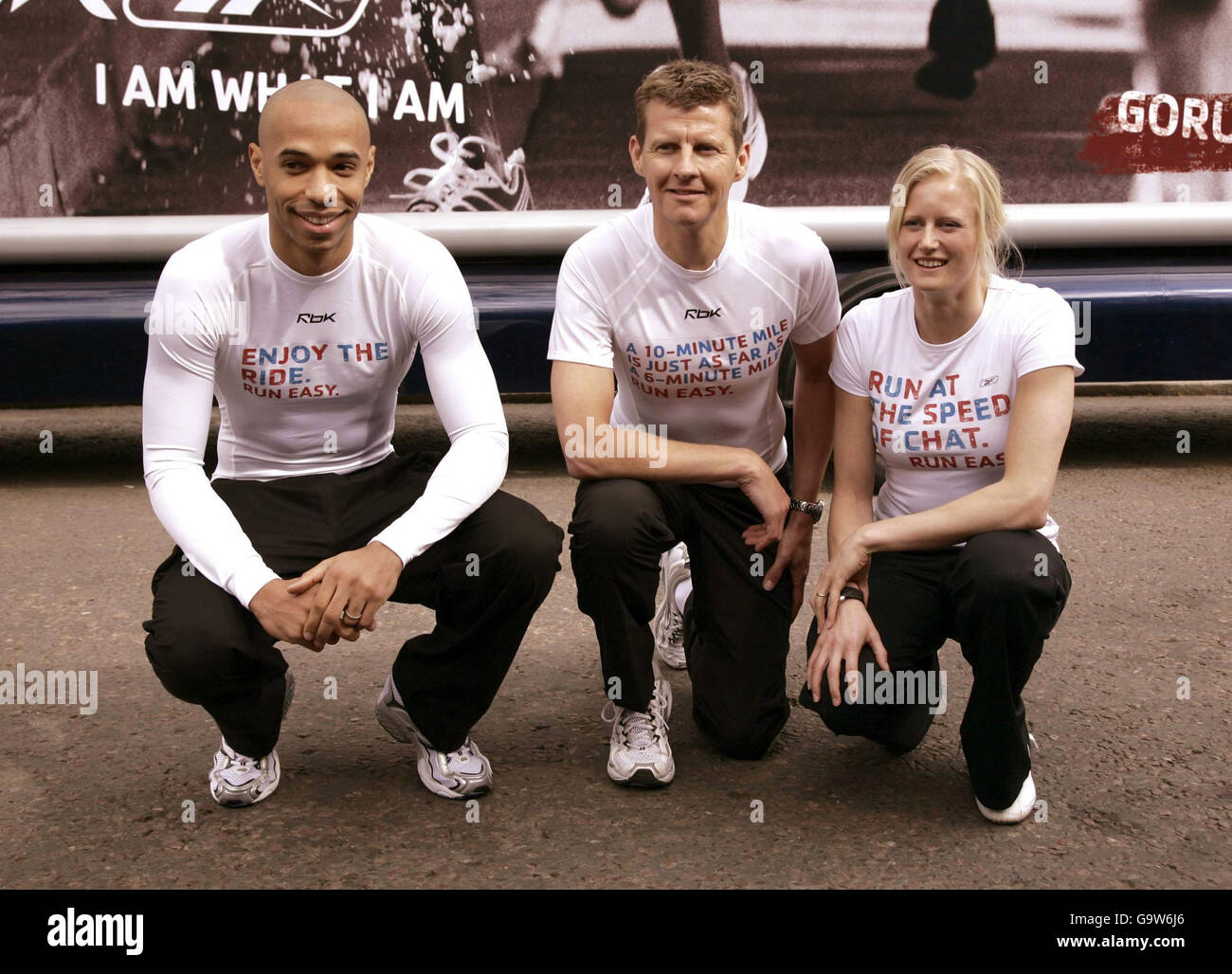 (Left-Right) Thierry Henry, Steve Cram and Carolina Kluft during the launch of Reebok's new campaign 'Run Easy' - a new way of thinking about running to encourage everybody to get running, regardless of age and ability - at Winchester House in Putney, south London. Stock Photo