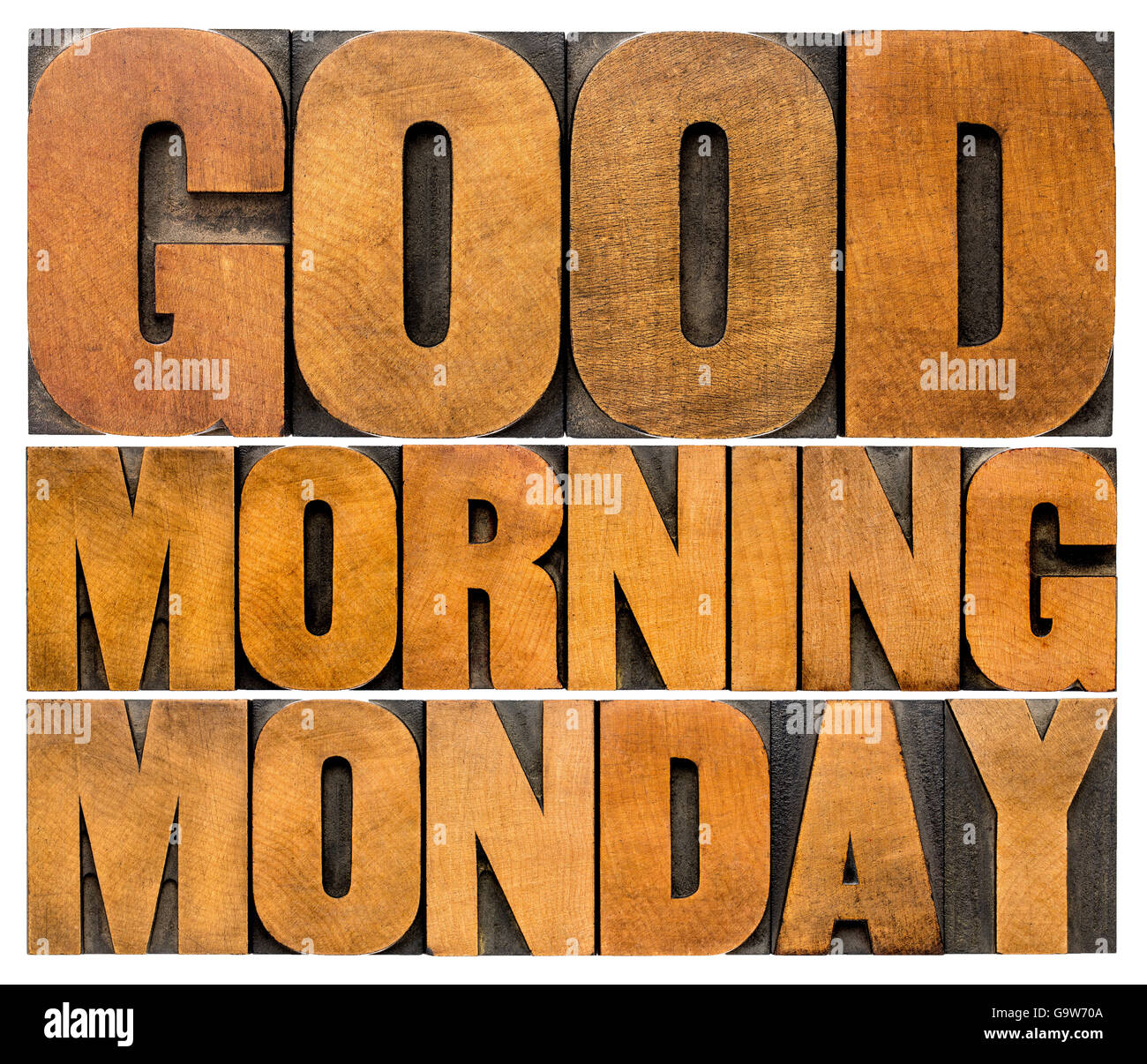 Good Morning Monday word abstract - isolated text in vintage letterpress wood type printing blocks Stock Photo