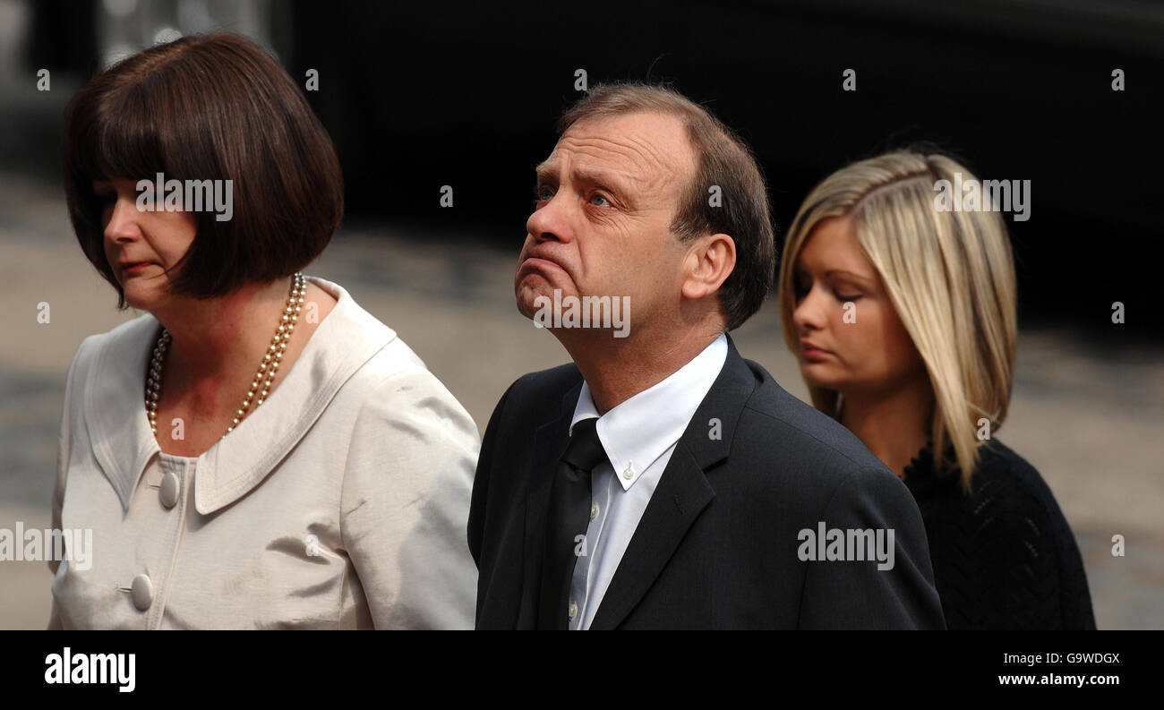 (Left to right) mother Julia Hawker, father Bill Hawker and sister Lisa Hawker at the funeral service of Lindsay Ann Hawker at Coventry Cathedral. Stock Photo