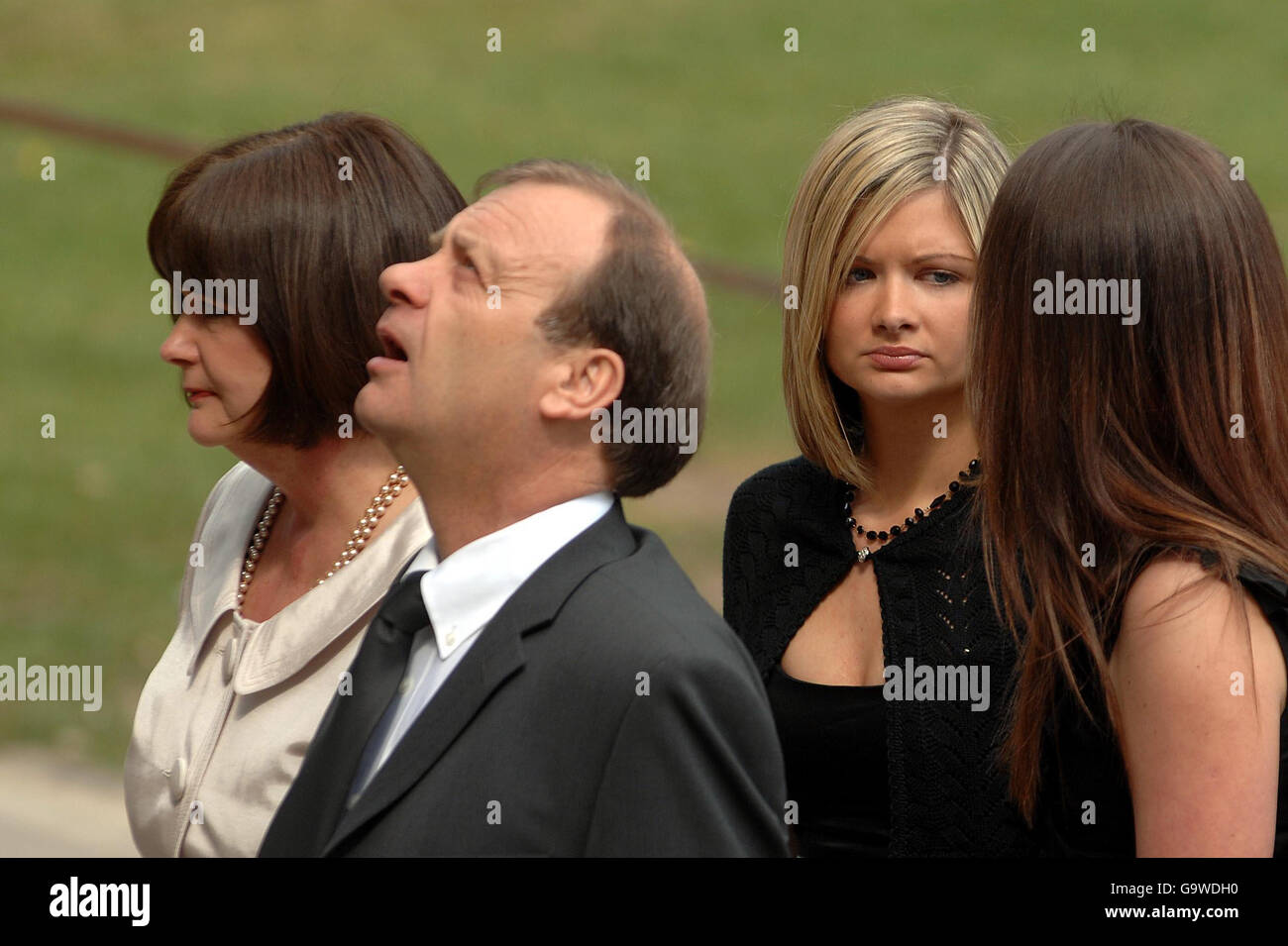 (Left to right) mother Julia Hawker, father Bill Hawker and sisters Lisa Hawker and Louise Hawker at the funeral service of Lindsay Ann Hawker at Coventry Cathedral. Stock Photo