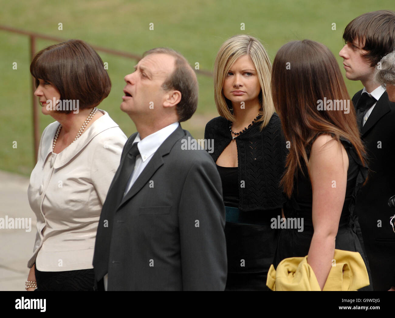 (Left to right) mother Julia Hawker, father Bill Hawker and sisters Lisa and Loiuse Hawker, and boyfriend Ryan Garside at the funeral sevice of Lindsay Ann Hawker at Coventry Cathedral. Stock Photo