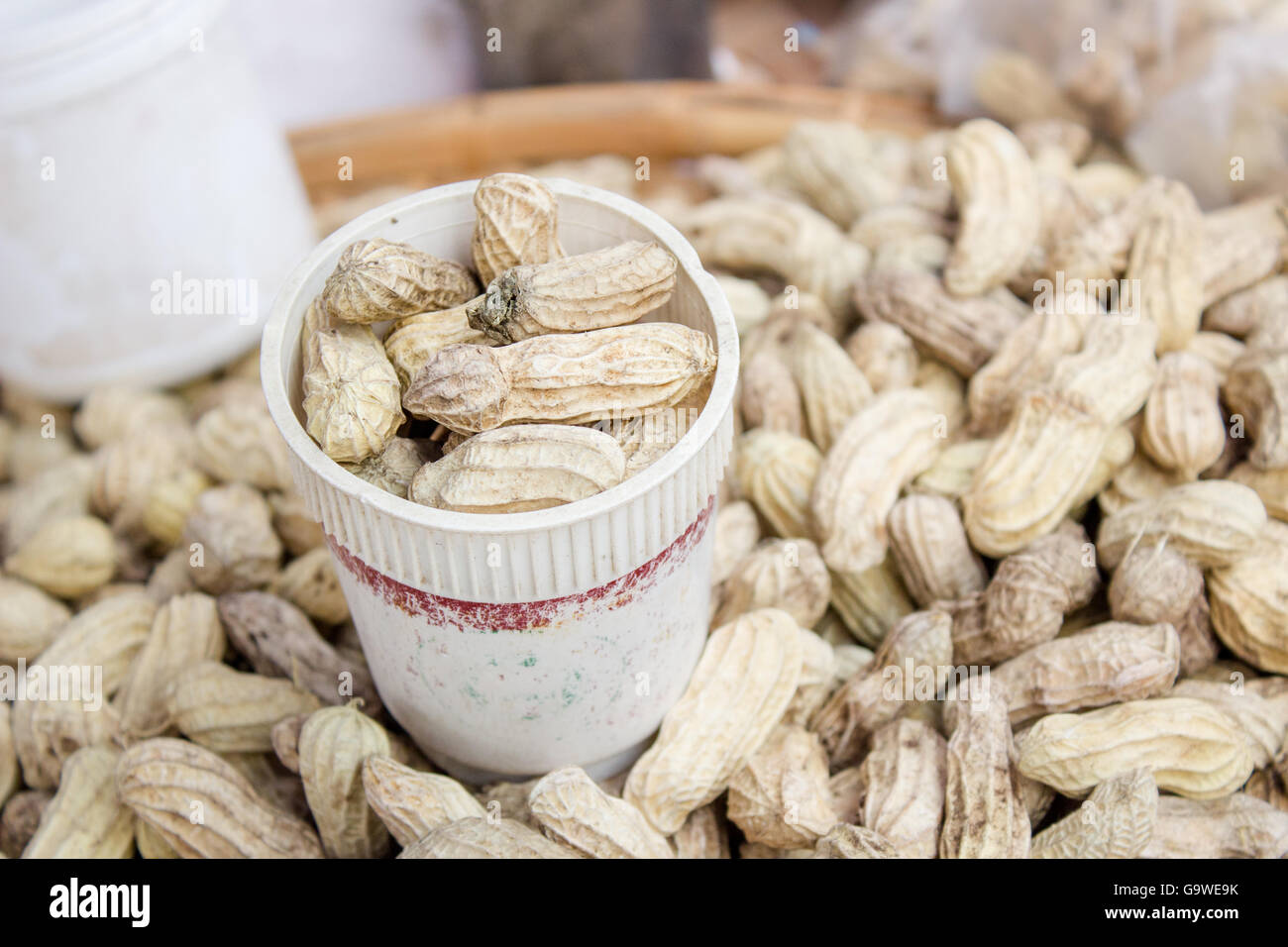 peanuts in the cup and many white peanuts background Stock Photo Alamy