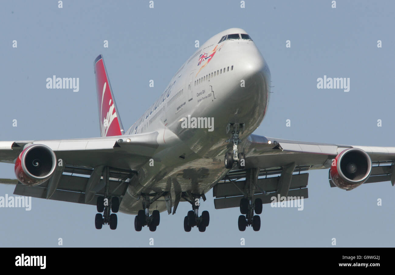A Virgin Atlantic Boeing 747-400 named Cosmic Girl registration G-VWOW arrives at Heathrow Airport. Stock Photo