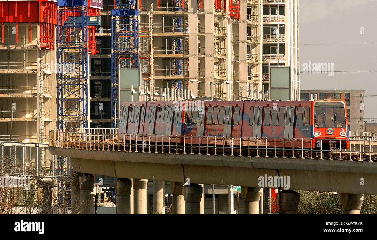 DLR Transport stock. The Docklands light railway in East London. Stock Photo
