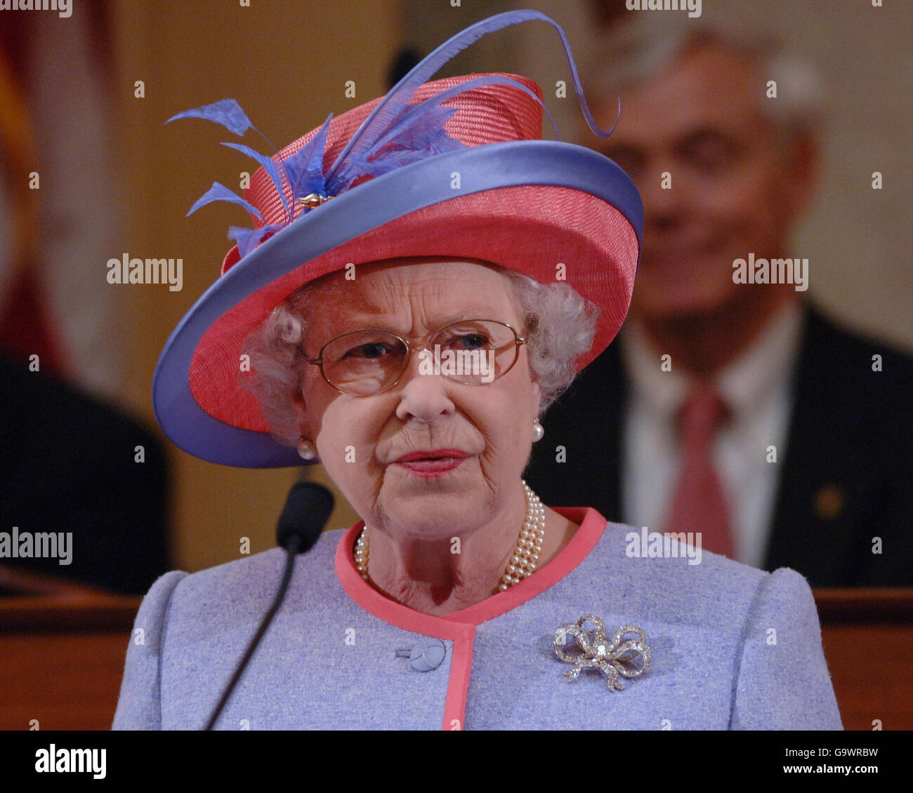 Britain's Queen Elizabeth II addresses the Virginia General Assembly in Richmond, the first stop of her six-day visit to the US. Stock Photo