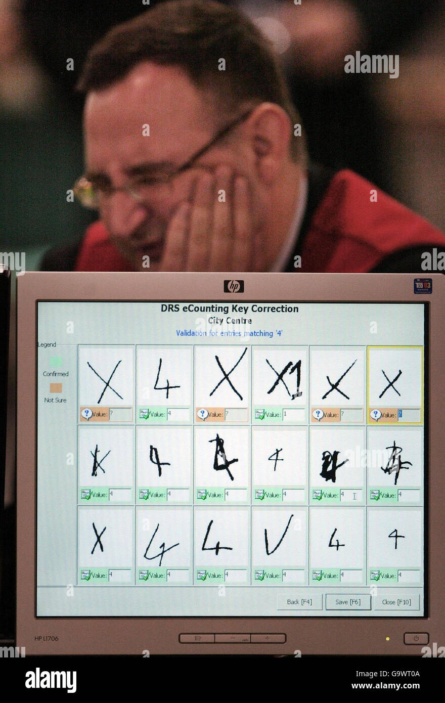 A computer displays marks made on ballot papers around Edinburgh as counting staff count the votes in the Local Elections in Edinburgh. Stock Photo