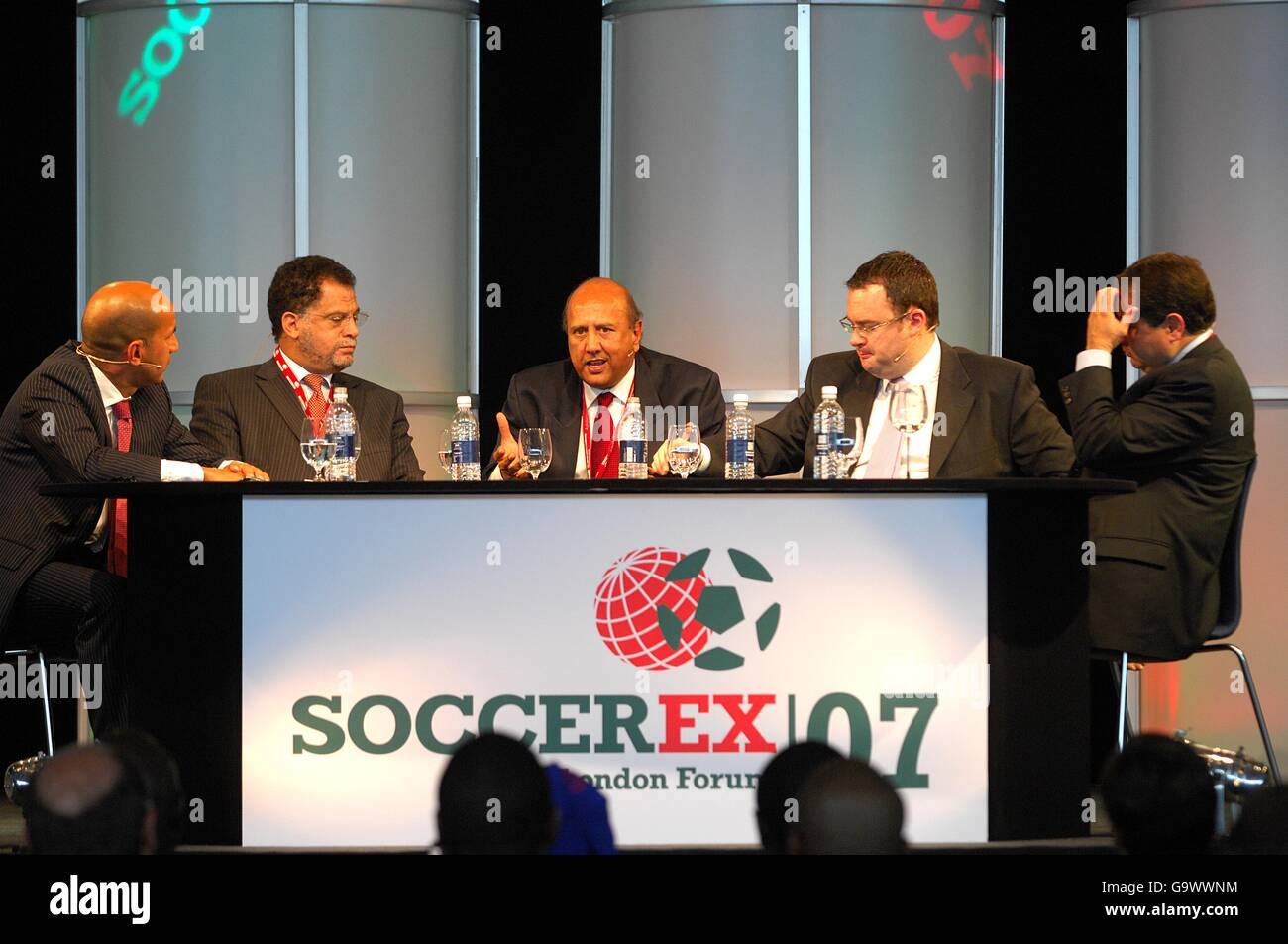 (L-R) President of Major Events at Siemens Peter Van Gent, CEO Fifa World Cup 2010 LOC Danny Jordaan, CEO Dubai Sports City, U Balasubramaniam, Managing Director Wembley National Stadium ltd. Alex Horne and CEO of Trinity One Worldwide Lou Imbriano Stock Photo