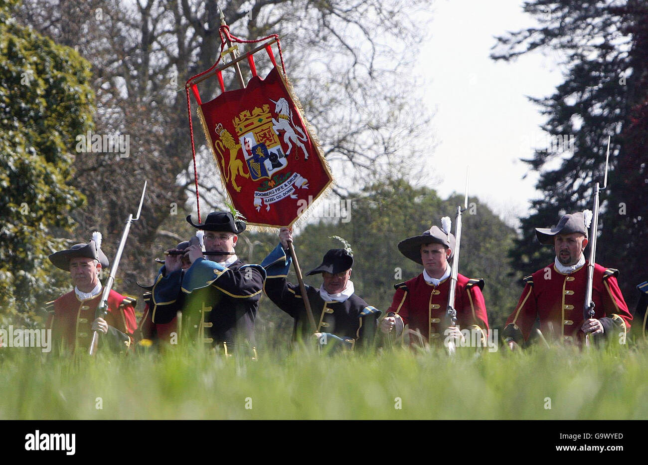 Members of the Schomberg society from Kilkeel Co Down march across the