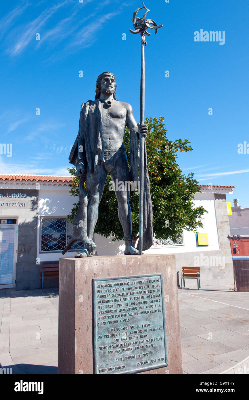 statue of Guanche warrior, bronce, Santiago del Teide, Teneriffa, Tenerife, Canary Islands, Spain, Europe Stock Photo