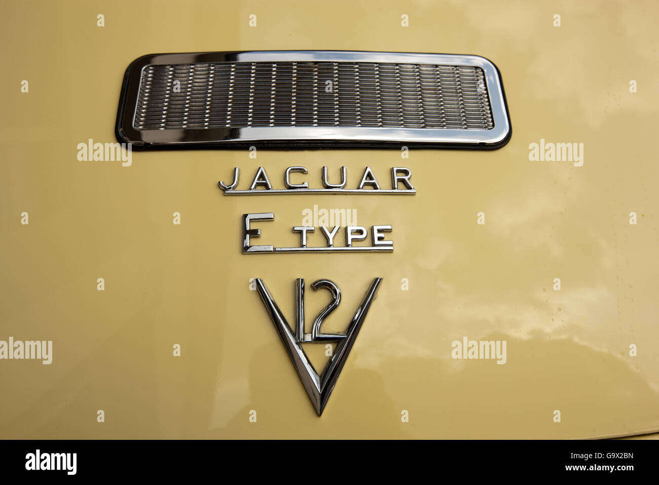 Classic lettering on Jaguar E Type V12, classic car Stock Photo