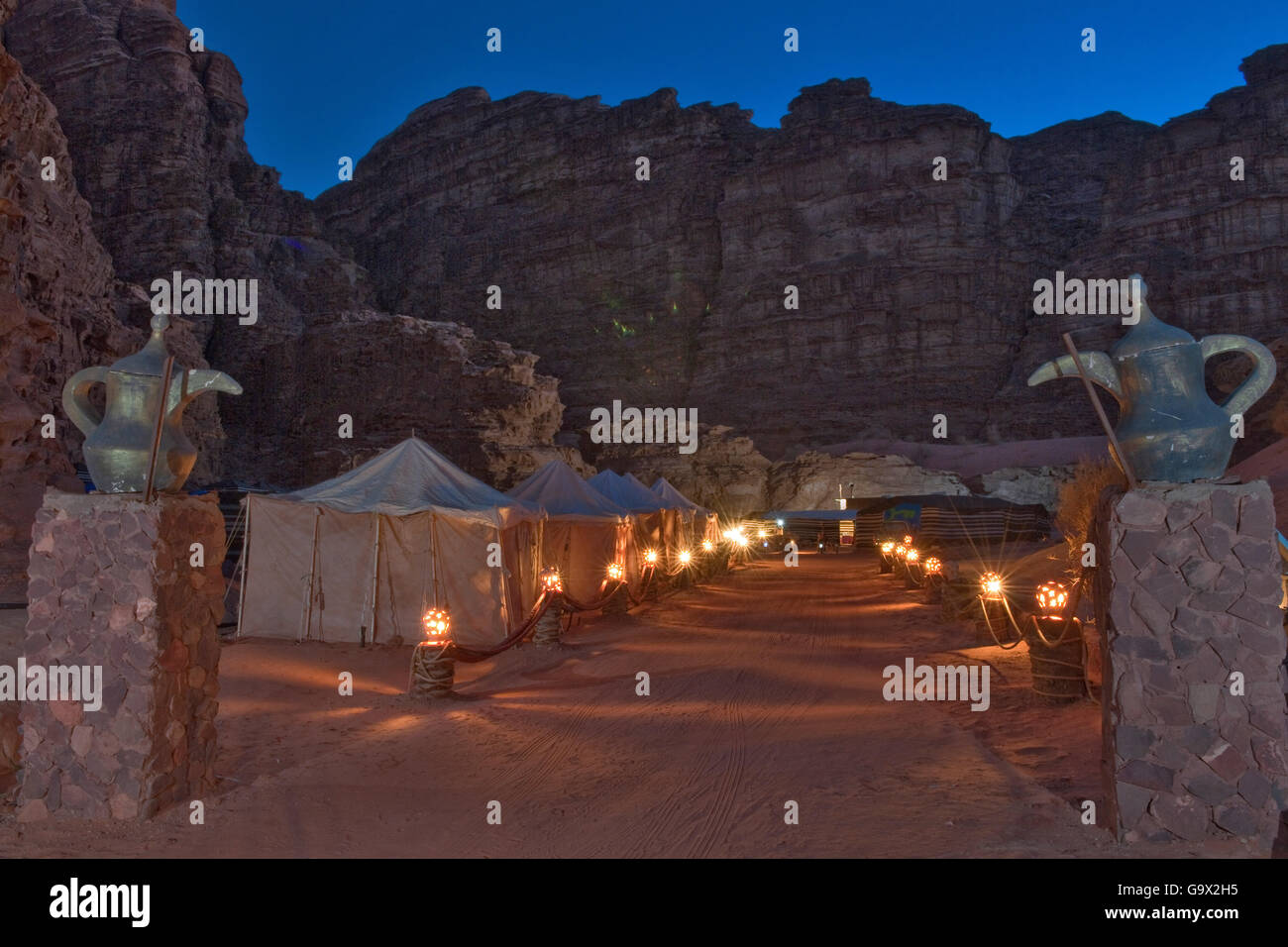 desert camp at blue hour, UNESCO World Heritage Wadi Rum, Jordan Stock Photo