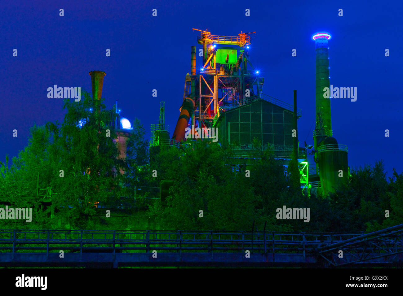 Landscape Park Duisburg, abandoned steel plant, open air museum, light show of Jonathan Park, Duisburg, North Rhine Westfalia, Germany, Europe Stock Photo