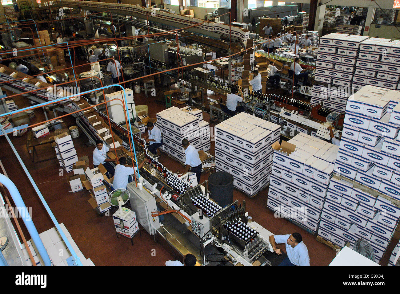 Brugal rum factory, packing station, Puerto Plata, Dominican Republic, Island of Hispaniola, Caribbean Stock Photo