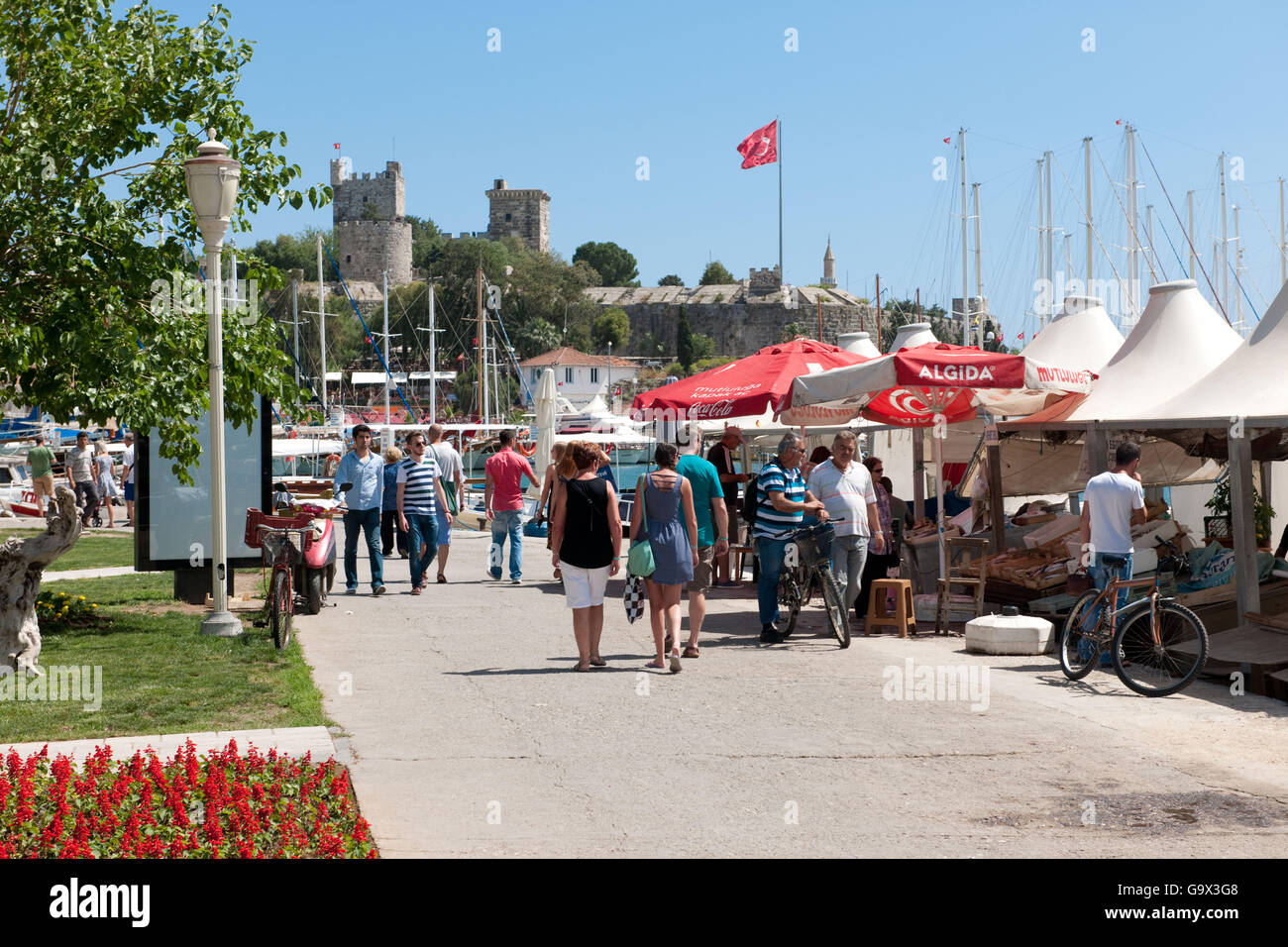 promenade with castle view, Bodrum, Mugla, Turkey, Asia Stock Photo