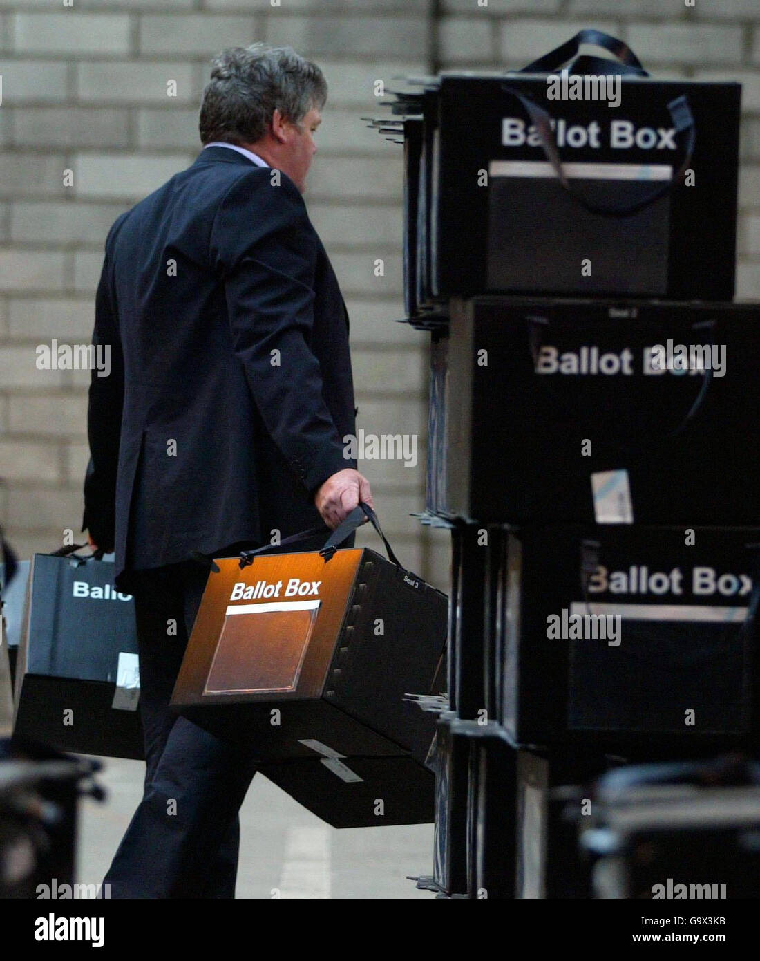 Ballot boxes are sent out to polling stations for the Scottish election in Edinburgh. Stock Photo