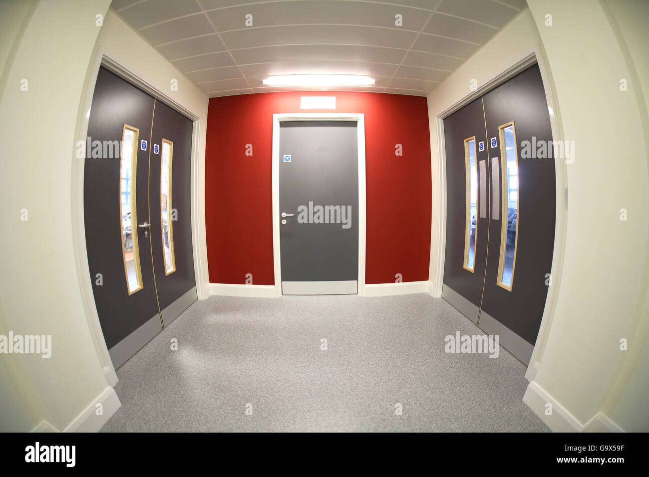 Fisheye view of a corridor in the new Medway Campus building at Mid Kent further education college, Gillingham, Kent Stock Photo