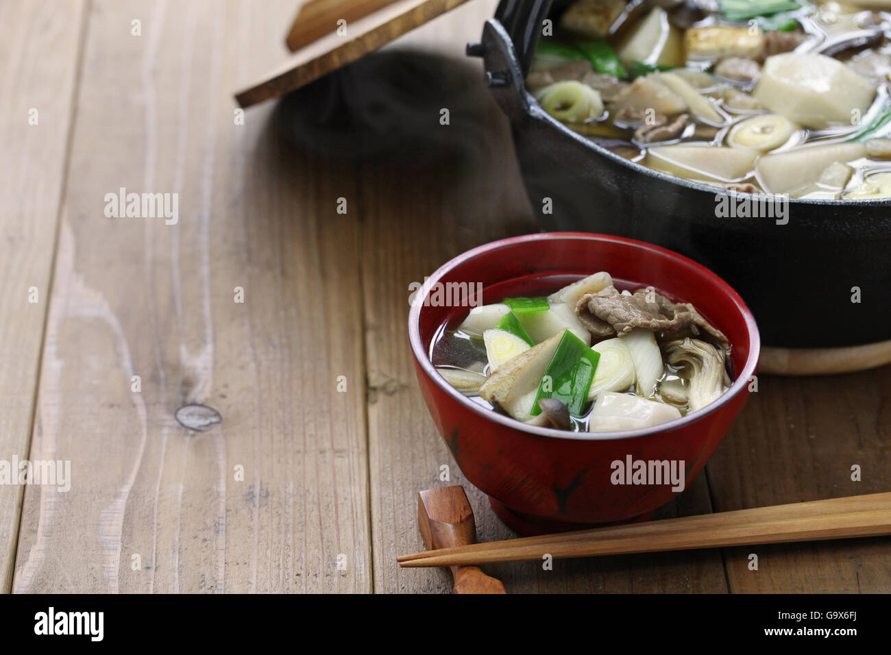 imoni, japanese hotpot cooking, taro potato and beef Stock Photo