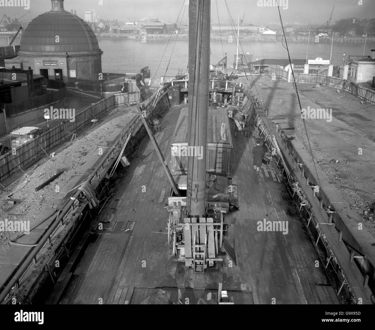 View from the mizzen mast today as the 86 year-old tea clipper Cutty Sarkundergoes restoration in a dry berth at Greenwich. The famous vessel is to be maintained 'in perpetuity' at greenwich by the Cutty Sark Society as a memorial to the Merchant Navy. She will eventually be opened to the public. The Duke of Edinburgh is taking a close interest in the preservation of the old ship. Stock Photo