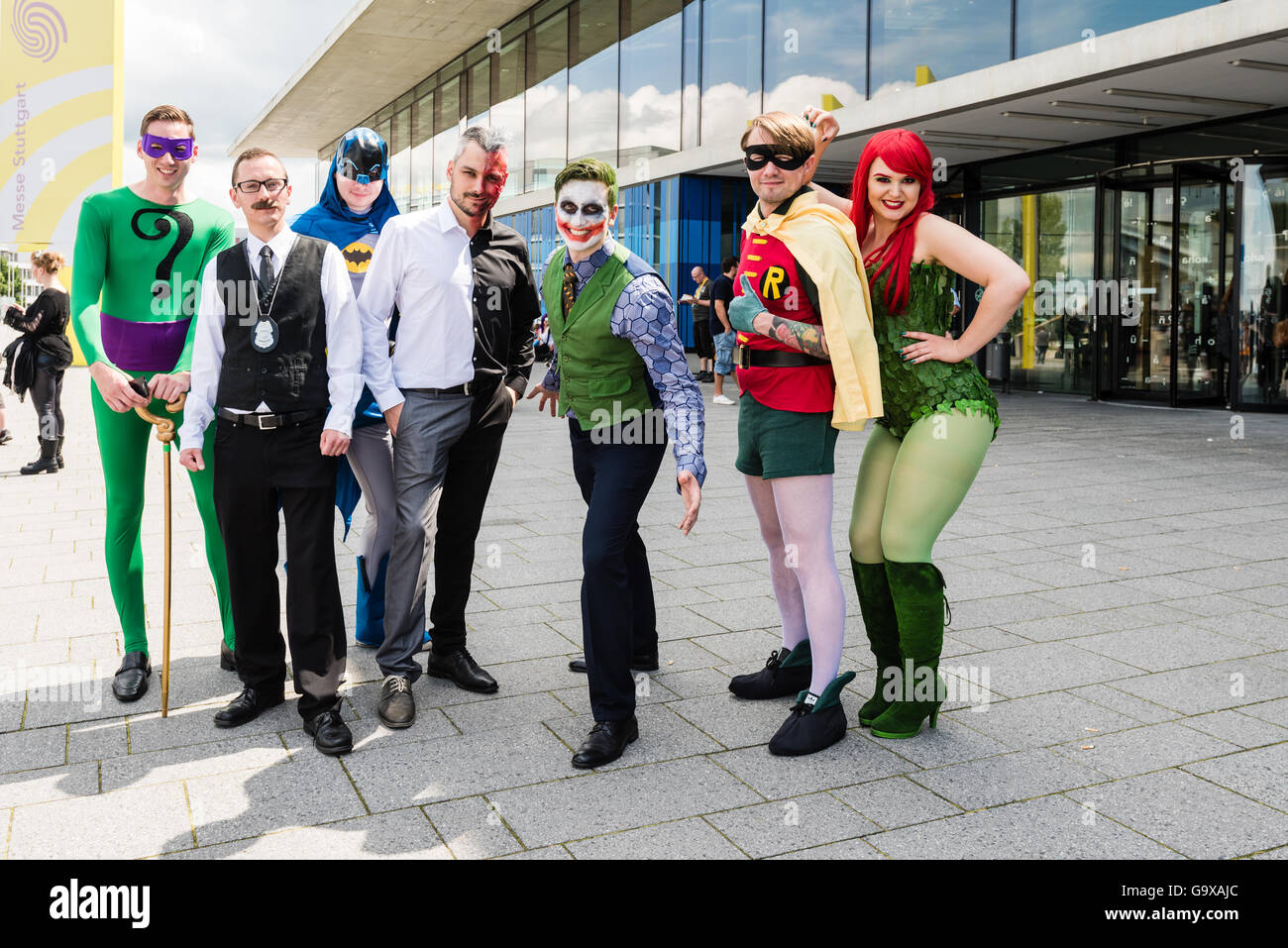 Stuttgart, Germany - June 25, 2016: Several cosplayers are posing during the Comic Con Germany event in Stuttgart in front of th Stock Photo