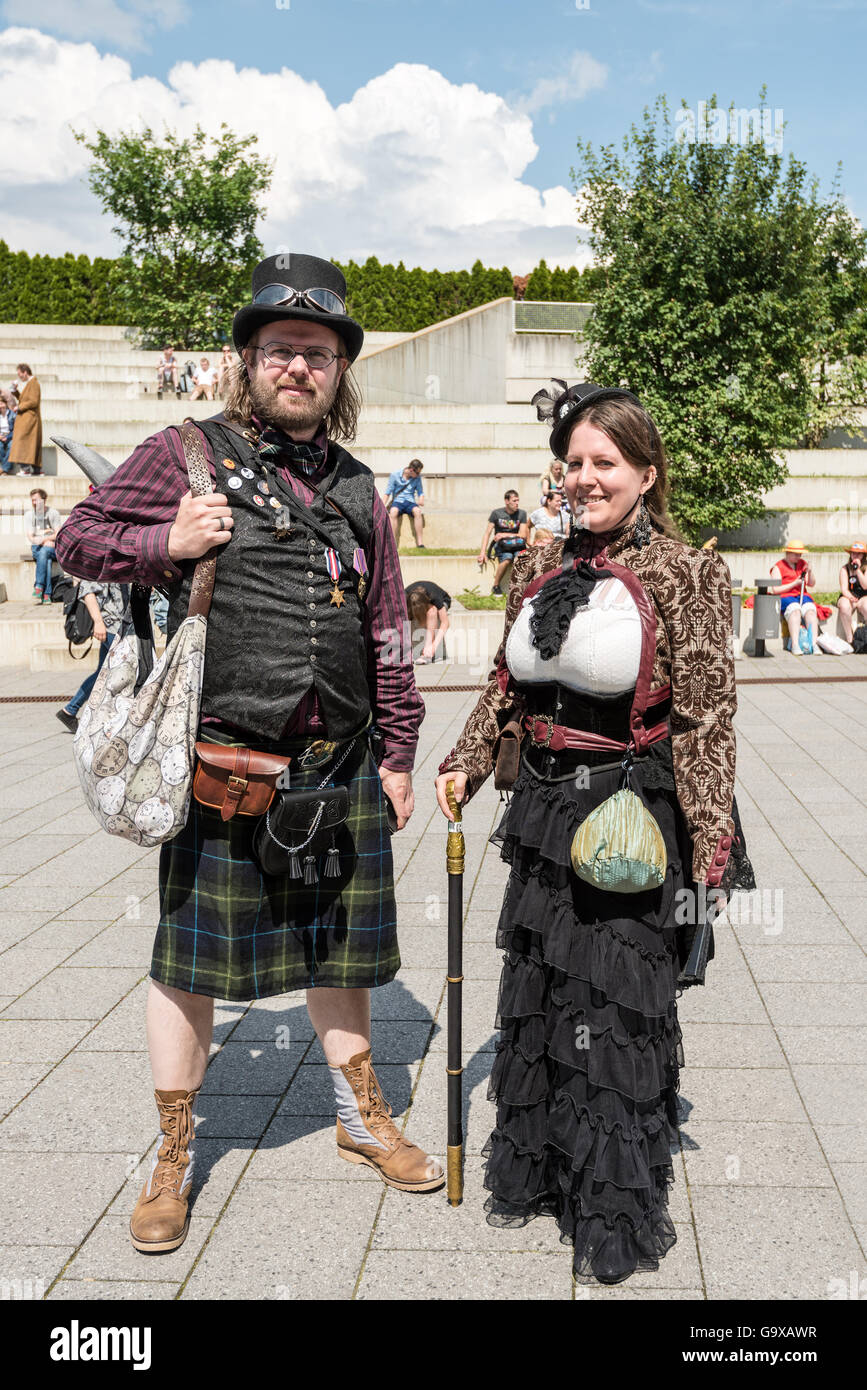 Stuttgart, Germany - June 25, 2016: Two cosplayers are posing during the Comic Con Germany event in Stuttgart in front of the ex Stock Photo