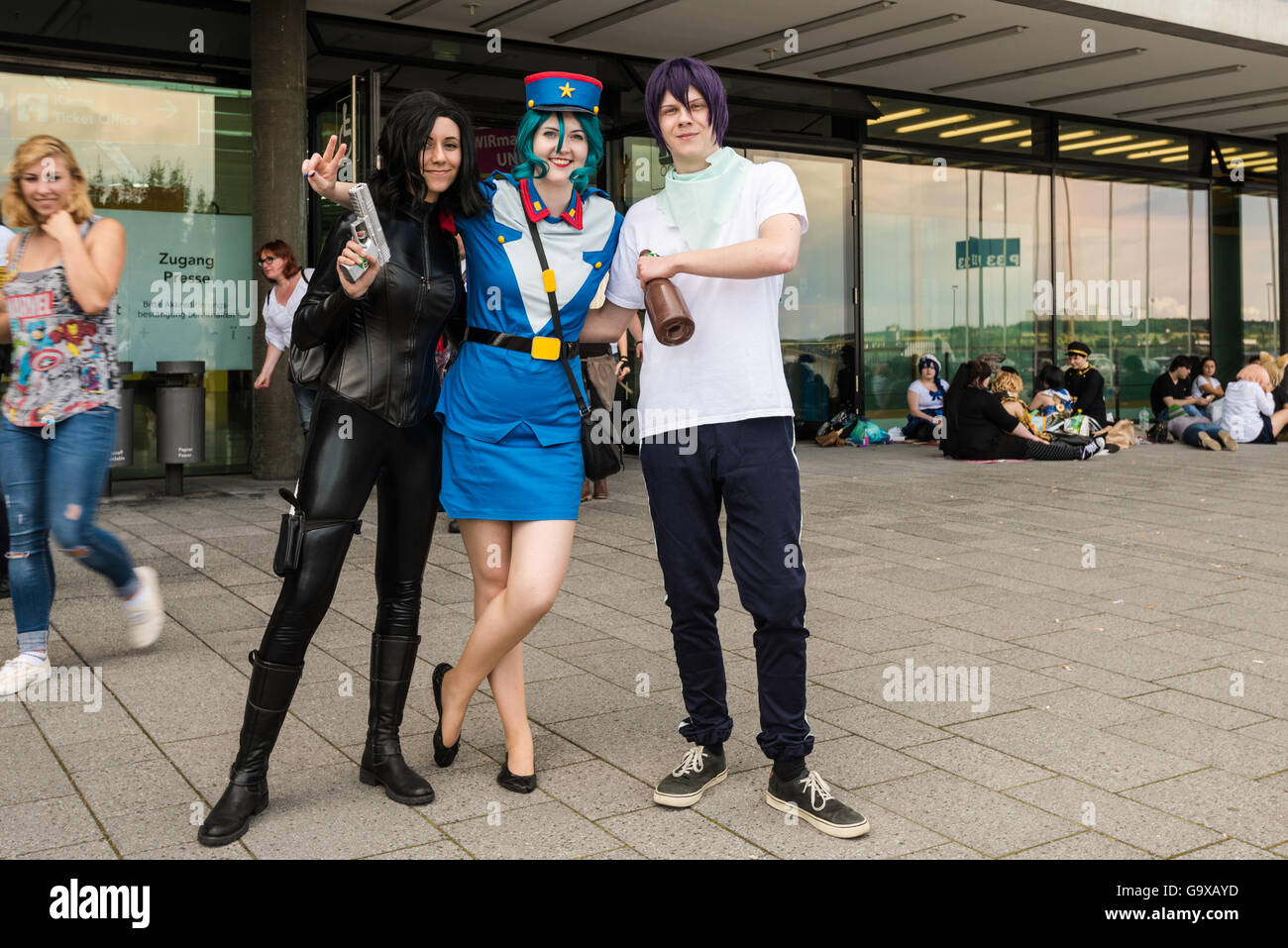 Stuttgart, Germany - June 25, 2016: Several cosplayers posing during the Comic Con Germany event in Stuttgart in front of the ex Stock Photo