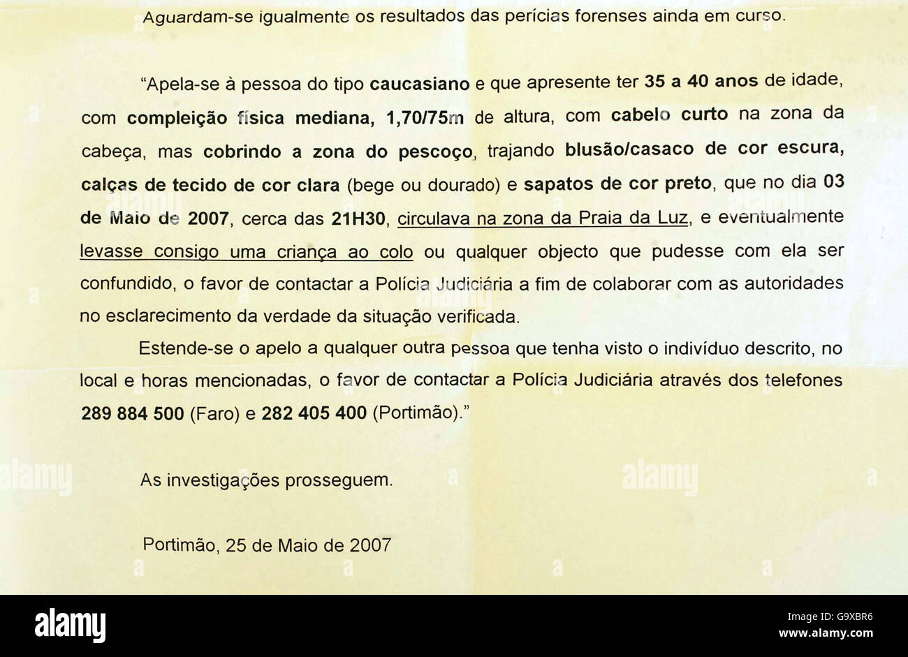 A press release, in portugese, from the Portuguese police where there was discrepancy between the english translation of the description of the man thought to have abducted Madeleine McCann and the Portugese description. Stock Photo