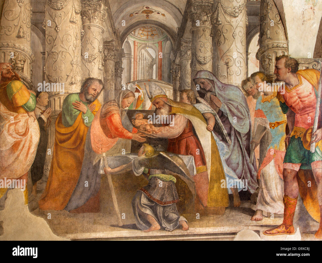 BRESCIA, ITALY - MAY 21, 2016: The fresco Twelve old Jesus in the Temple by  Lattanzio Gambara ( 1530 - 1574) Stock Photo