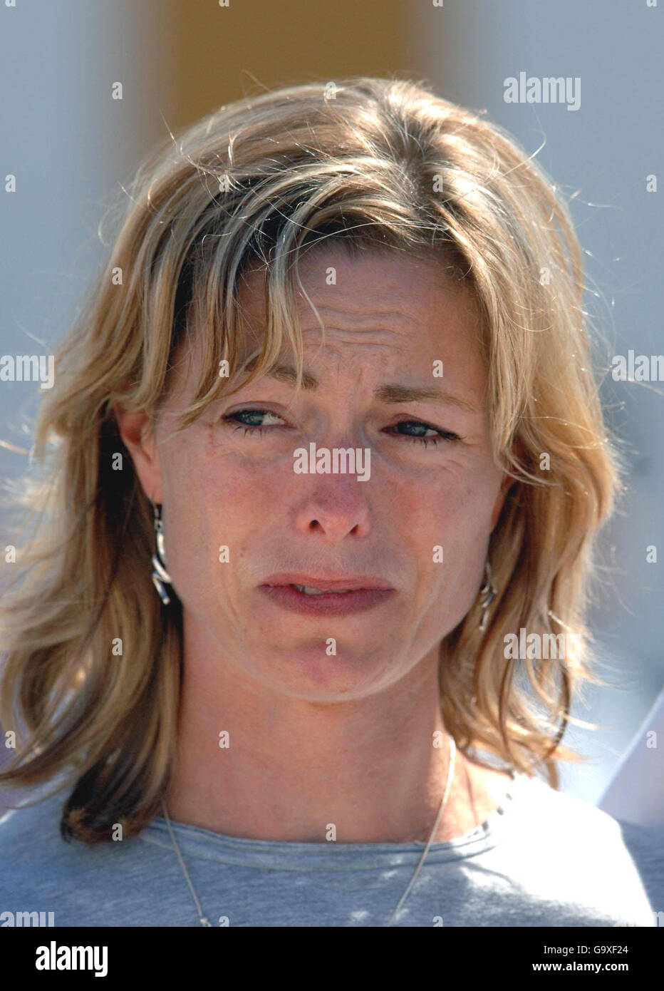 Kate McCann, the mother of three-year-old Madeleine McCann, speaks to the media after attending a church service in Praia da Luz, in the Algave, Portugal. Stock Photo
