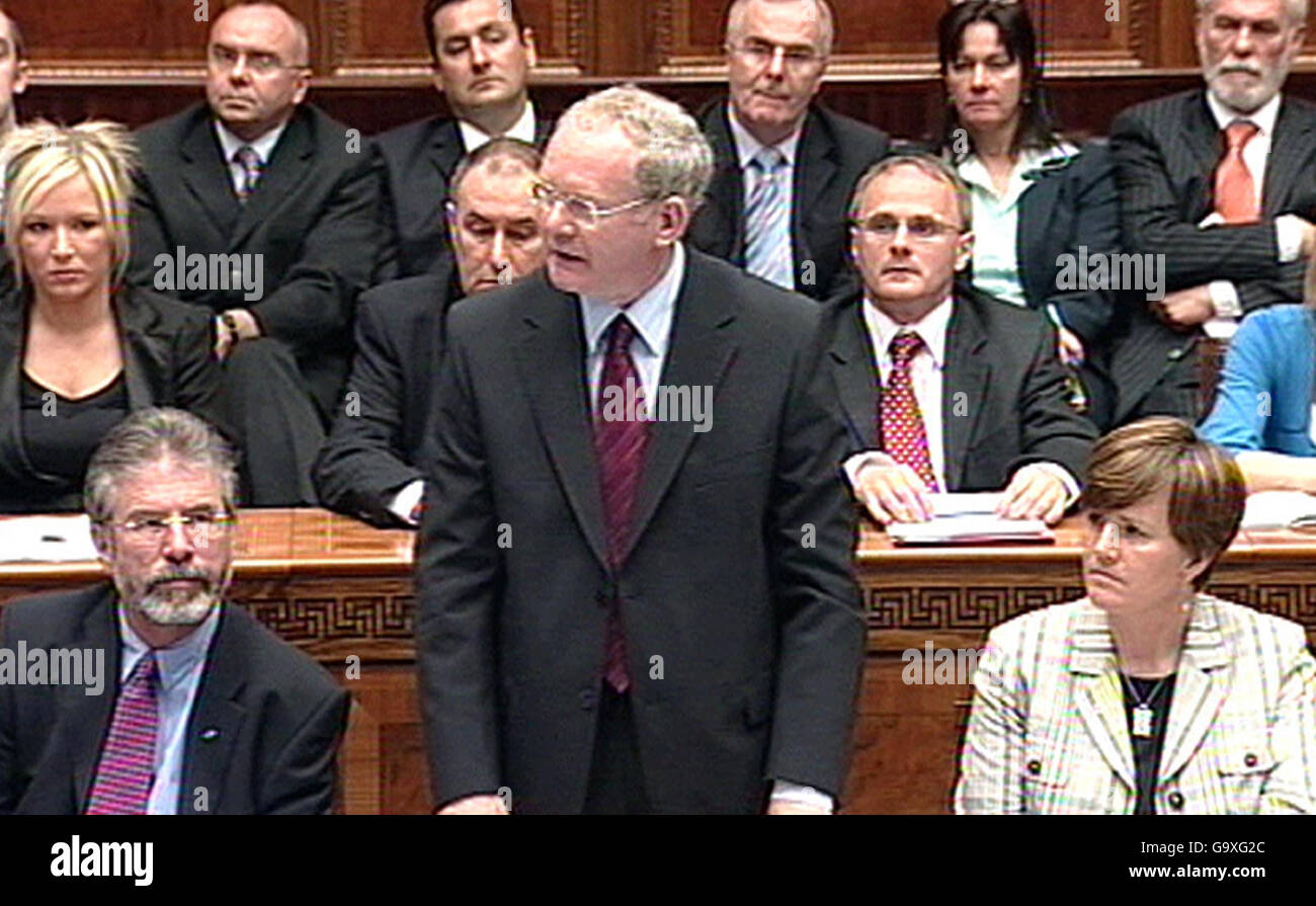 Videograbbed imaged of Martin McGuinness speaking in Council Chamber at Stormont, Belfast. Stock Photo