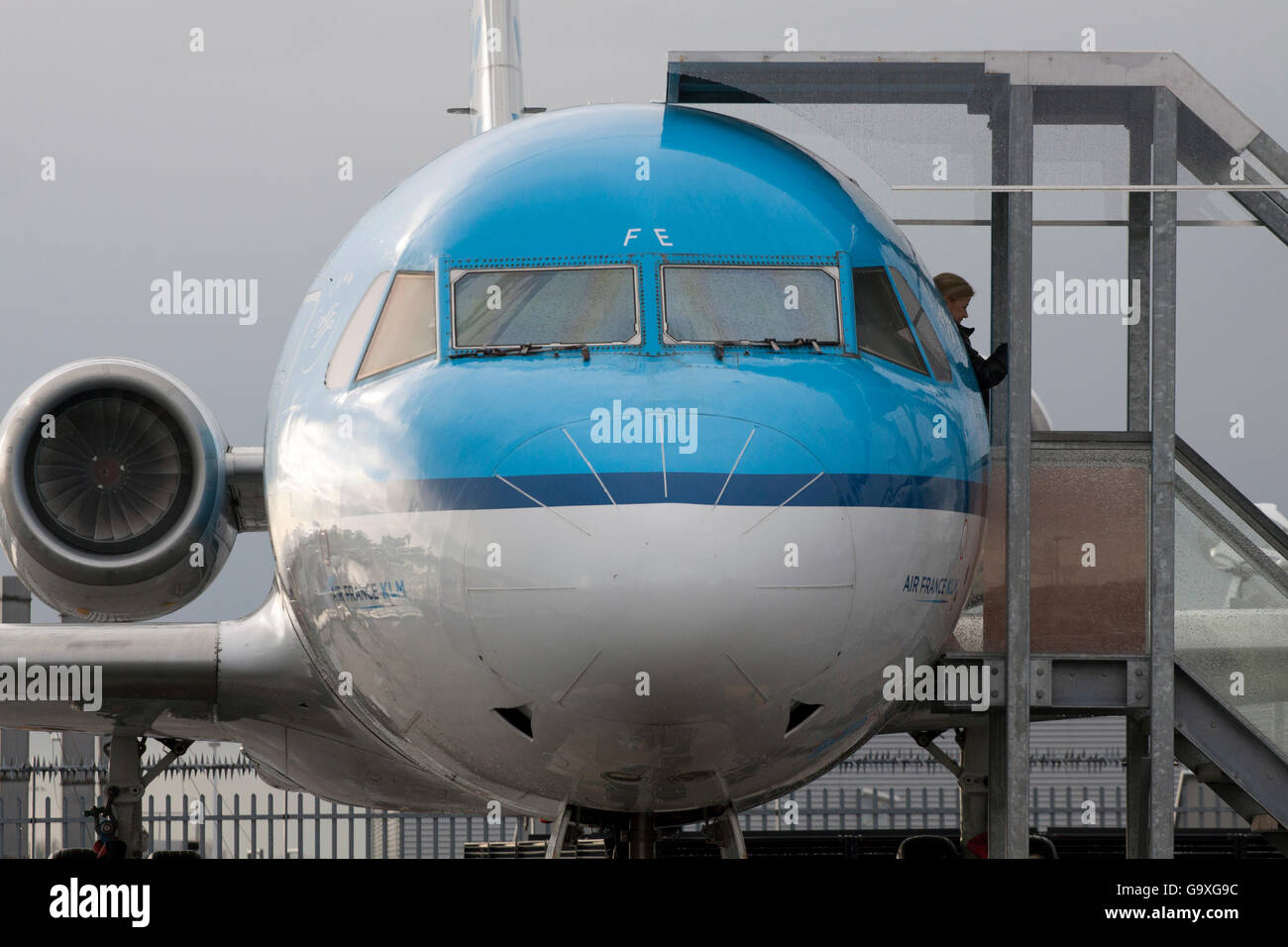 AMSTERDAM ,THE NETHERLANDS - 10 NOVEMBER ,2013  Fokker 100 airplane on Schiphol airport. This plane does not fly  and accessible Stock Photo