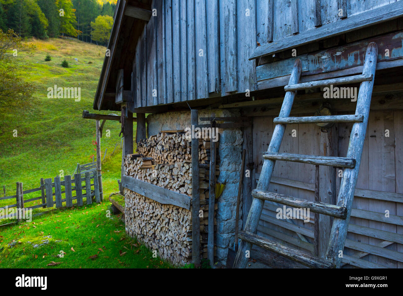Log piles in alcove outside farm building, Triglav National Park, Trenta Valley, Julian Alps, Bovec, Slovenia, October 2014. Stock Photo