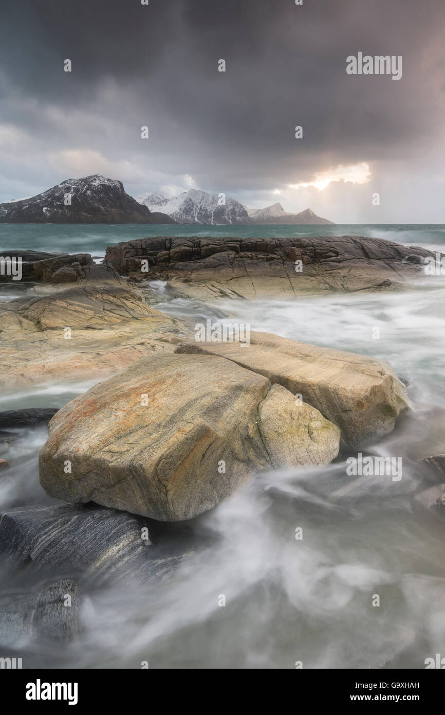 Winter seascape over Haukland beach, Vestvagoya, Lofoten, Norway. March 2015. Stock Photo