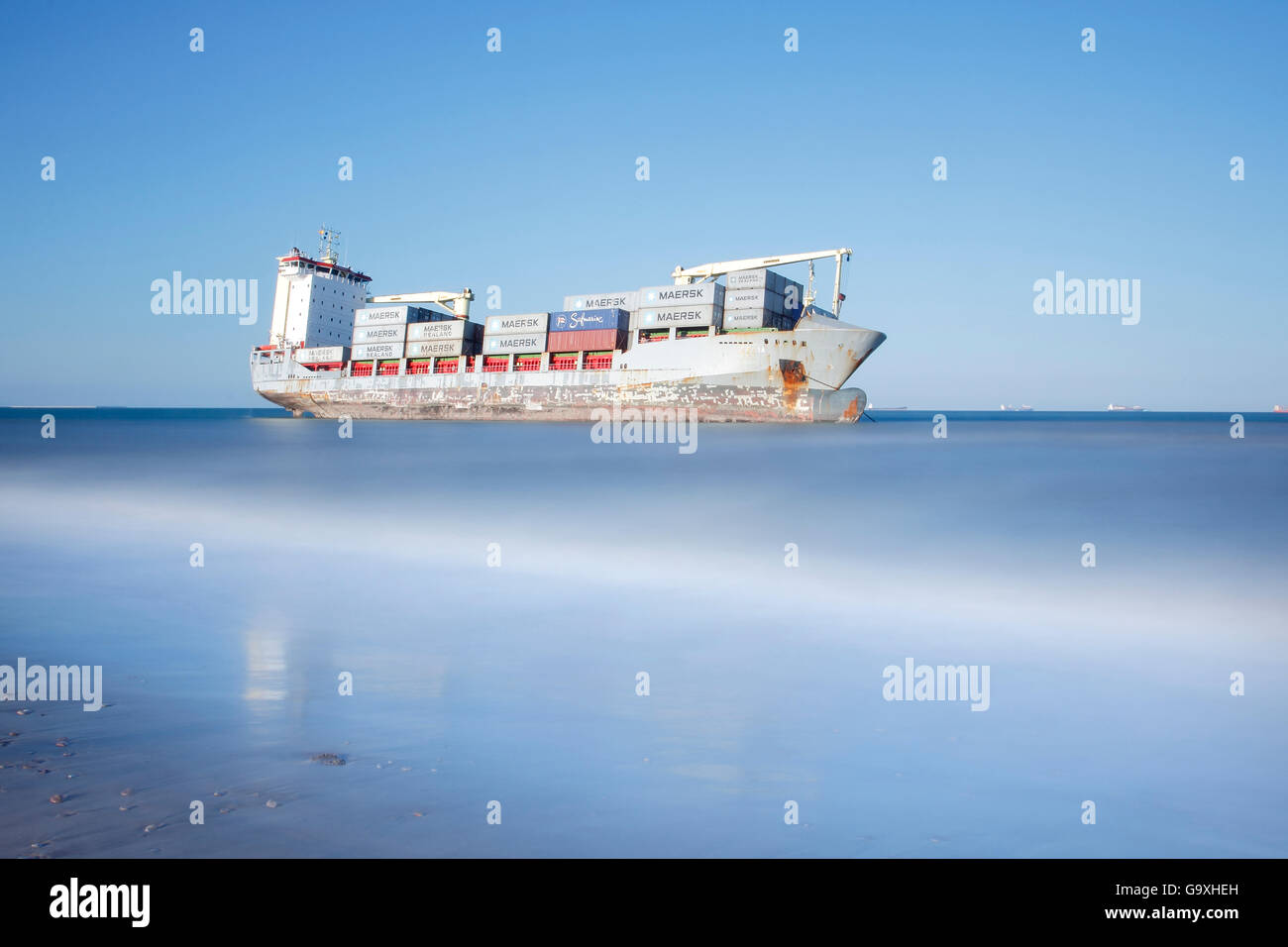 Stranded cargo ship, El Saler Beach, Valencia, Spain. All non-editorial uses must be cleared individually. Stock Photo