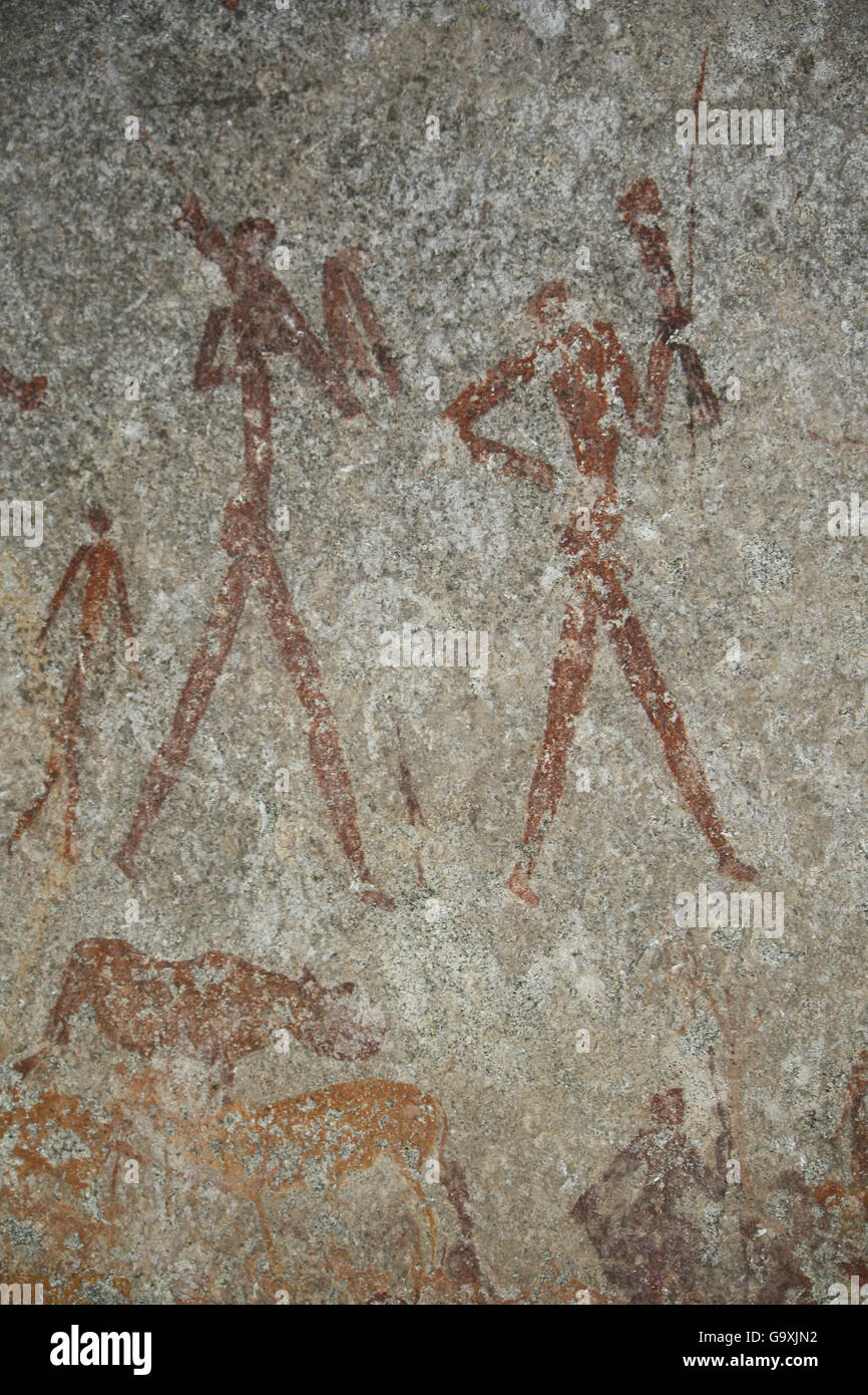 San rock paintings of human figures, Matobo Hills, Zimbabwe. January 2011. Stock Photo