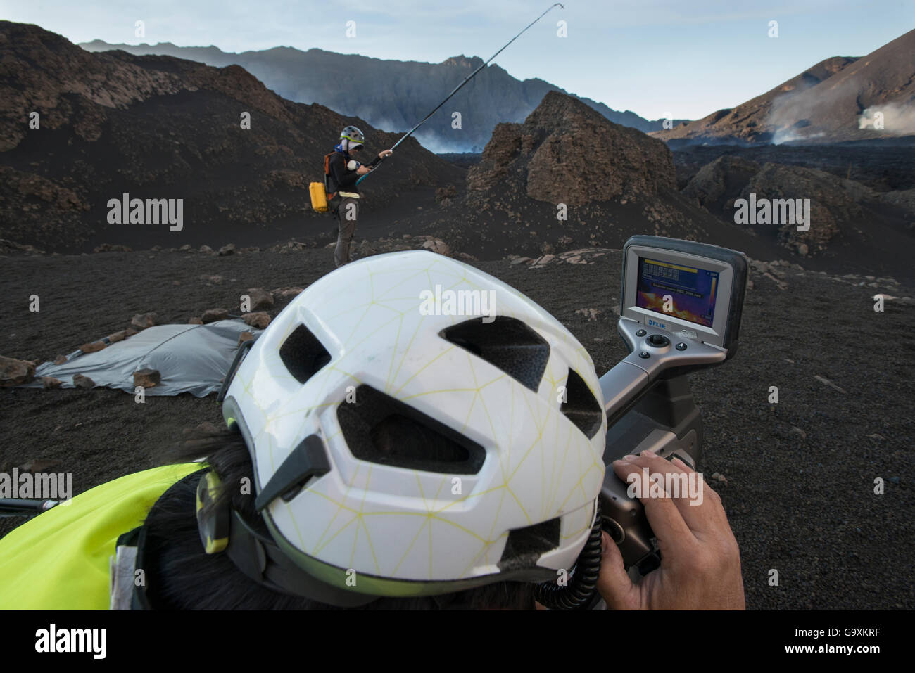 Scientists working at  Fogo Volcano after eruption, Fogo Island, Cape Verde, 30th November 2014. Stock Photo