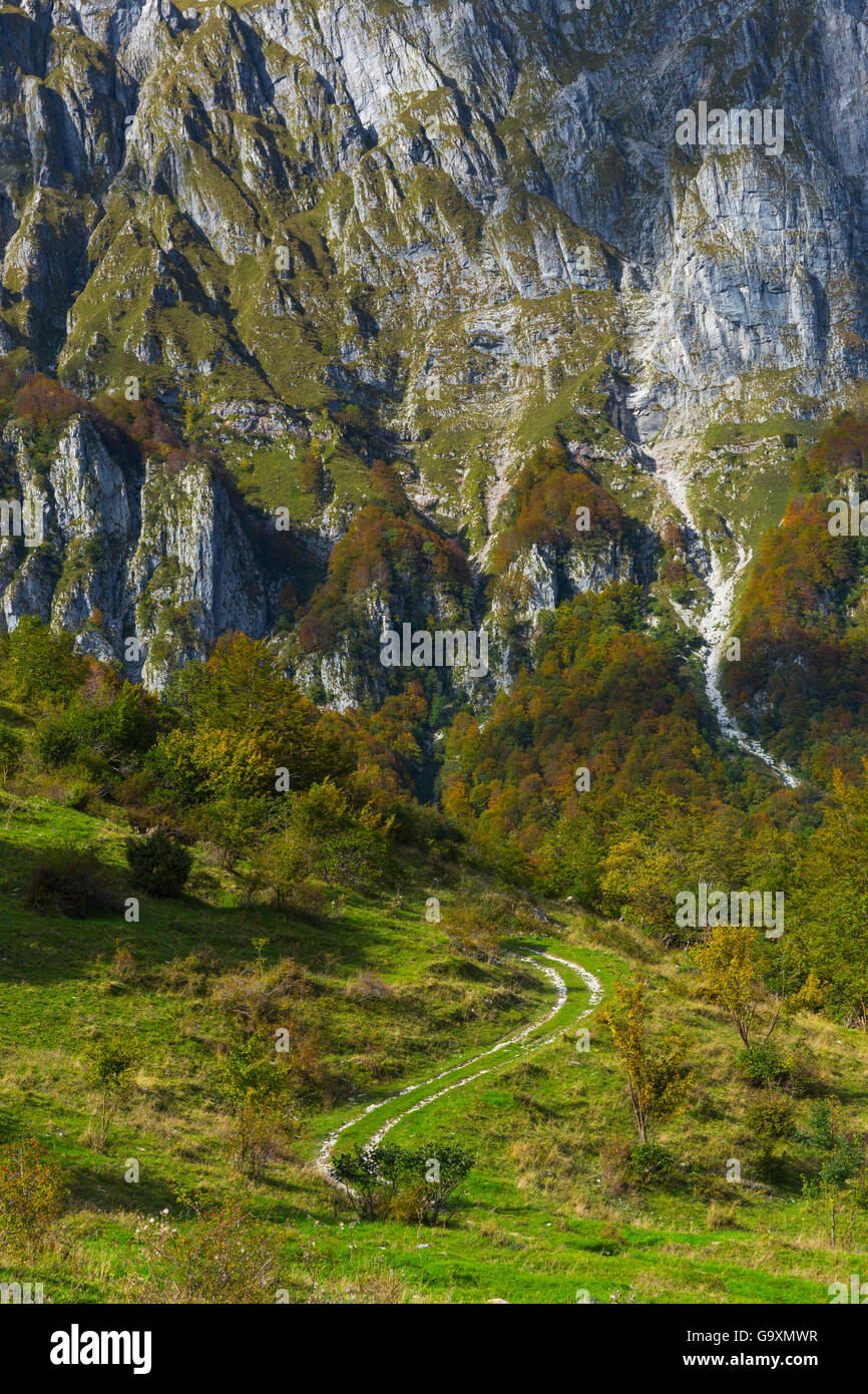 Mountainous landscape and dirt track in Triglav National Park, Slovenia, October 2014. Stock Photo