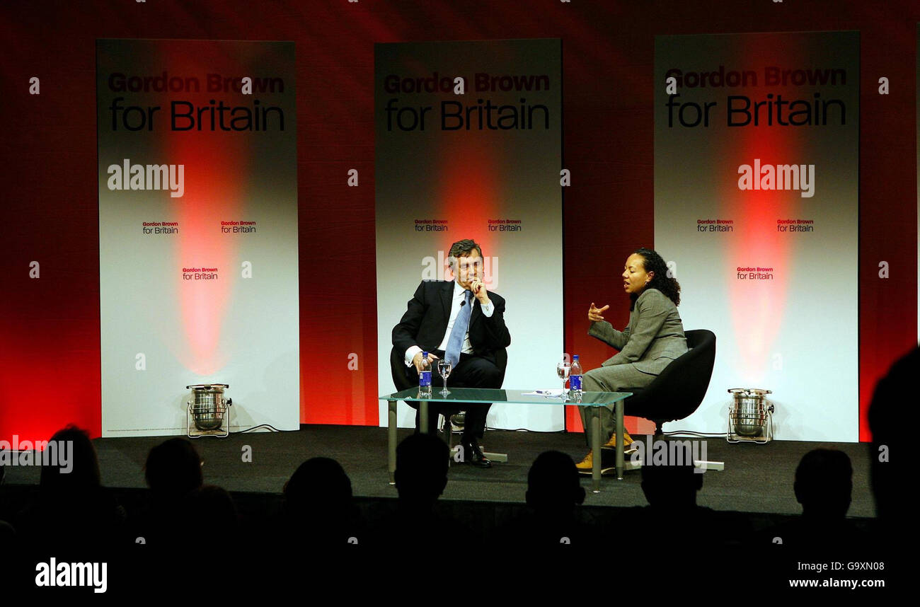 Chancellor Gordon Brown during a questions and answers session with Oona King at Manchester's C.I.S Building. Stock Photo