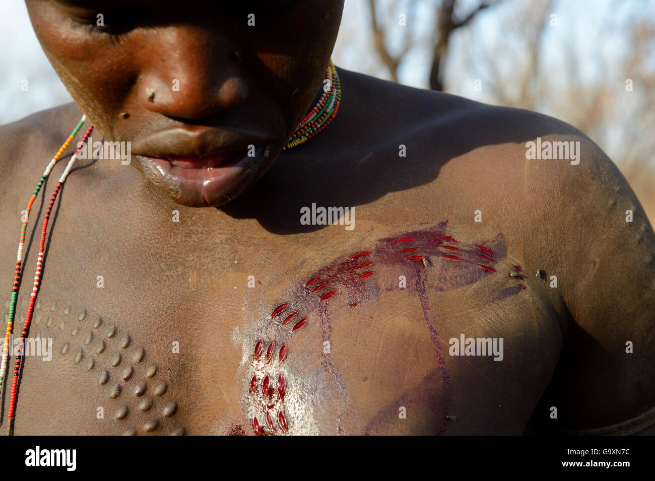 Young man from the Bodi Tribe with new scars on his chest. Omo Valley,  Ethiopia, March 2015.. Stock Photo