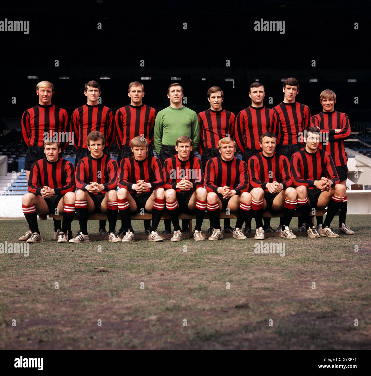 Back row, (left to right): George Helsop, Mike Doyle, Alan Oakes, Harry Dowd, Arthur Mann, Glyn Pardoe, Tommy Booth and Tony Coleman. Front row (left to right): David Connor, Bobby Owen, Colin Bell, Tony Book, Francis Lee, Mike Summerbee and Neil Young. April 1969 Stock Photo