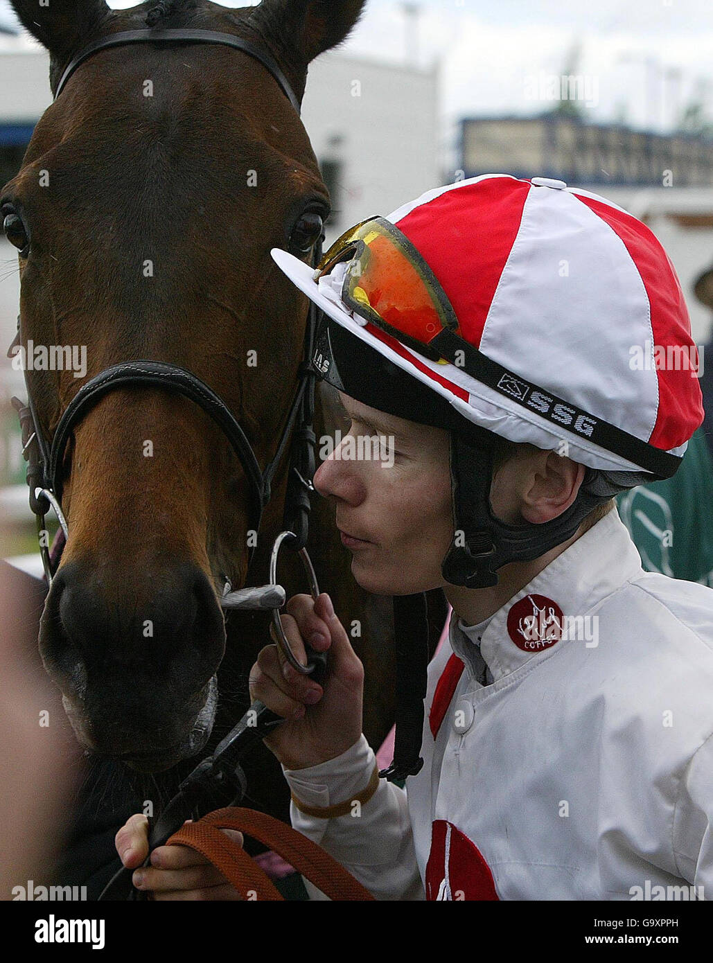 Jamie Spencer with Red Evie after they won the Juddmonte Lockinge Stakes (Group 1) at Newbury Racecourse. Stock Photo