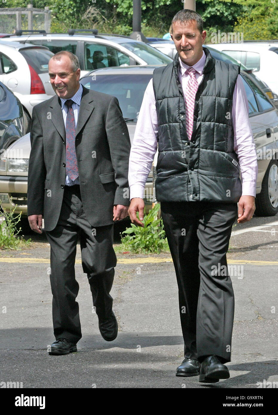 Quantock Staghounds leader Richard Down (left), and whipper-in Adrian Pillivant, arrive at Taunton Magistrates' Court where they stand accused of jointly hunting wild deer with dogs during a meet at Longstone Hill, Somerset, in February last year. Stock Photo