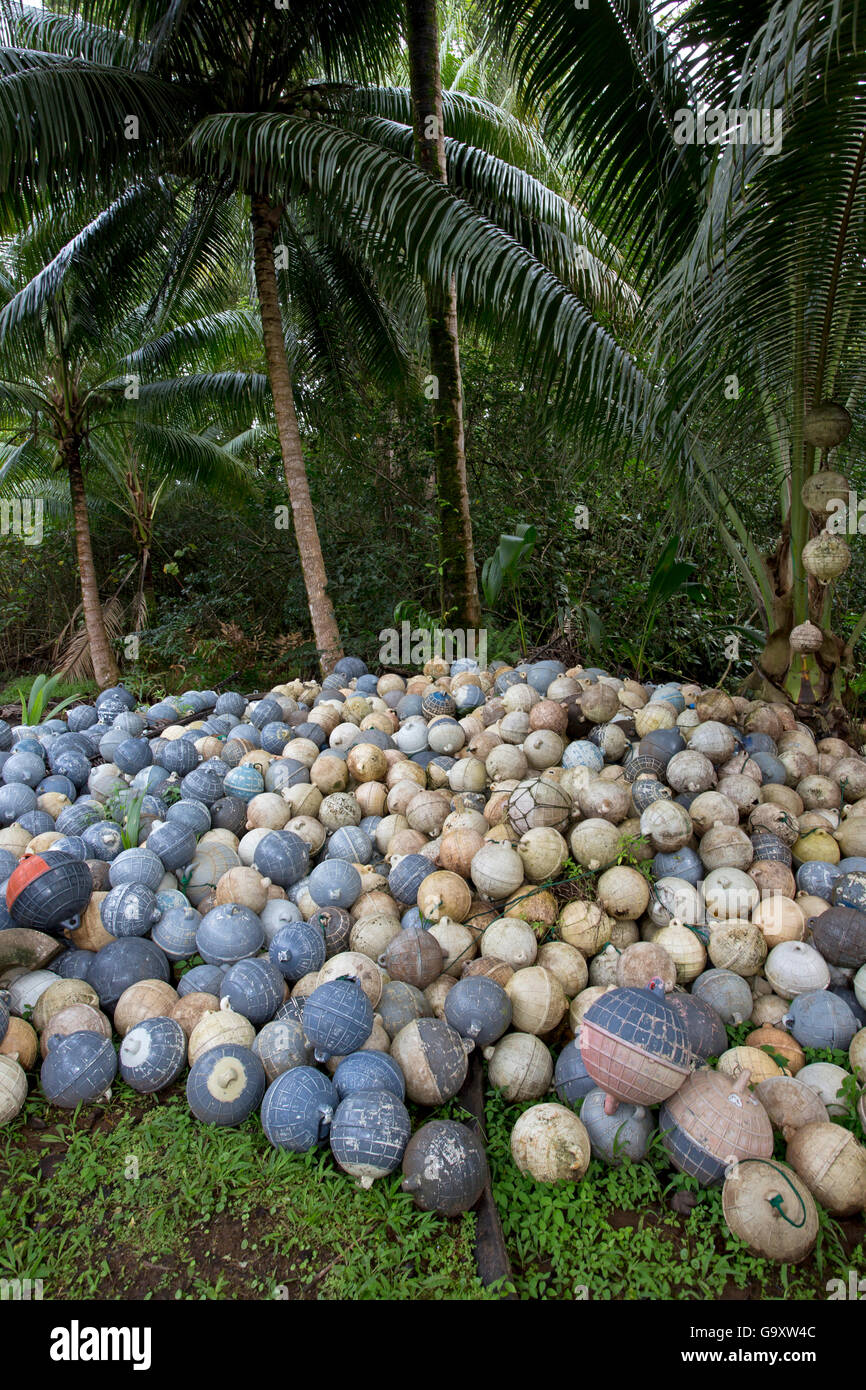 Nets, hooks and buoys confiscated from poachers, Wafer Bay ranger station, Chatham Bay, Cocos Island National Park, Costa Rica, Stock Photo