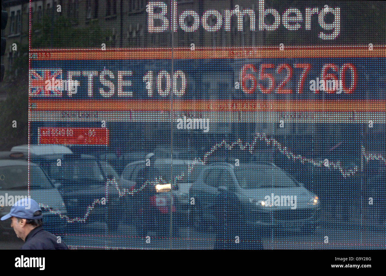 The Bloomberg electronic board in west London shows market information. Stock Photo